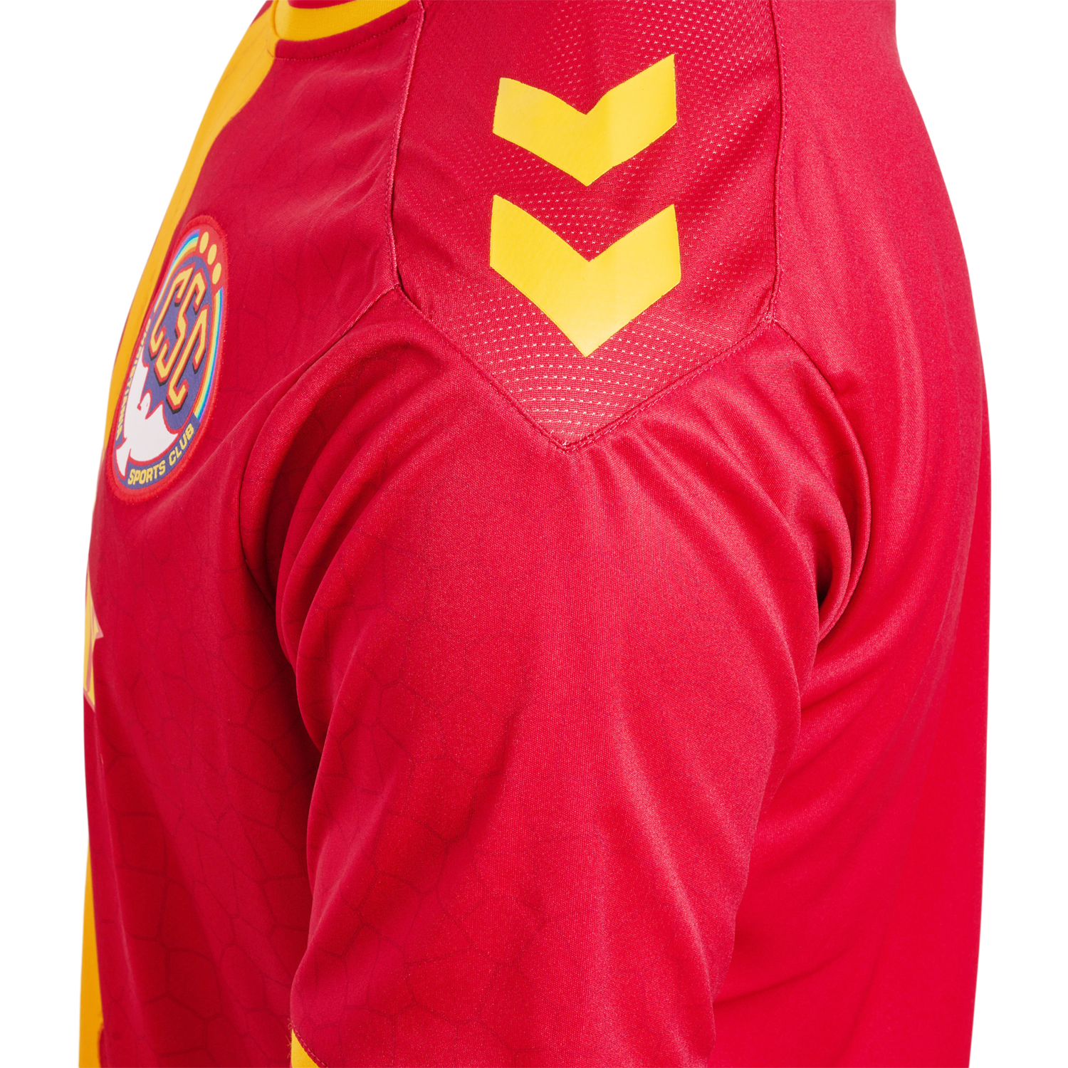 CSC 22/23 HOME JERSEY S/S, TRUE RED/SPORTS YELLOW W/SPONS, packshot